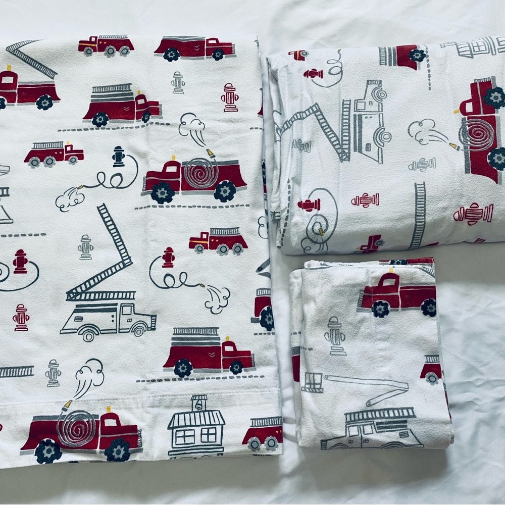 Pottery Barn Kids Fire Engine Flannel Sheet Set